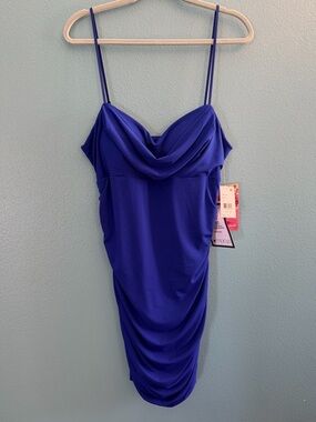 Emerald Sundae Cowl Neck Spaghetti Strap Mini Dress in Royal Blue